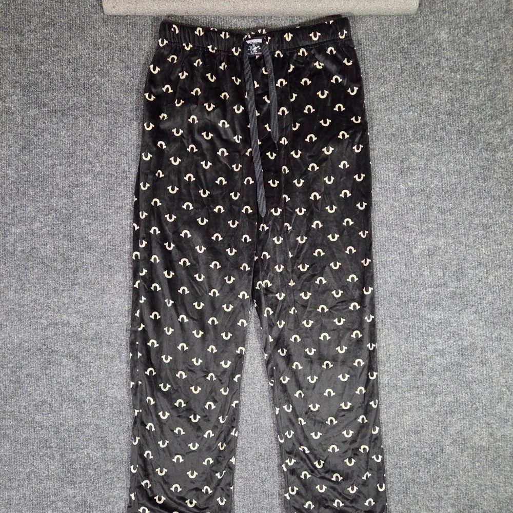 True Religion Sleepwear Lounge Pants Mens Medium Black Velvet Horseshoe Logo PJ